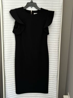 Calvin Klein Black Ruffle-Sleeve Midi Sheath Dress
